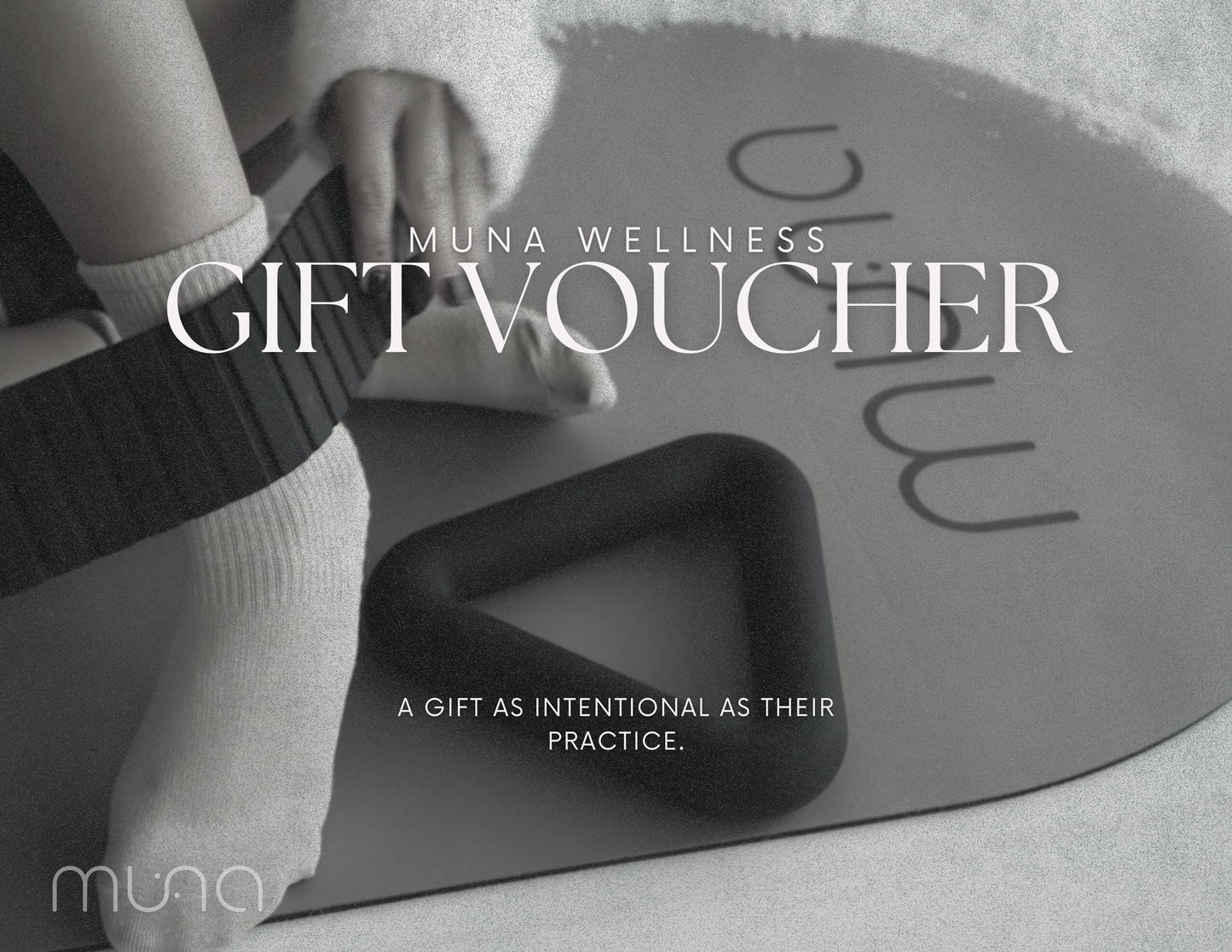 Muna Wellness gift voucher with a person on a yoga mat, featuring the Muna logo.