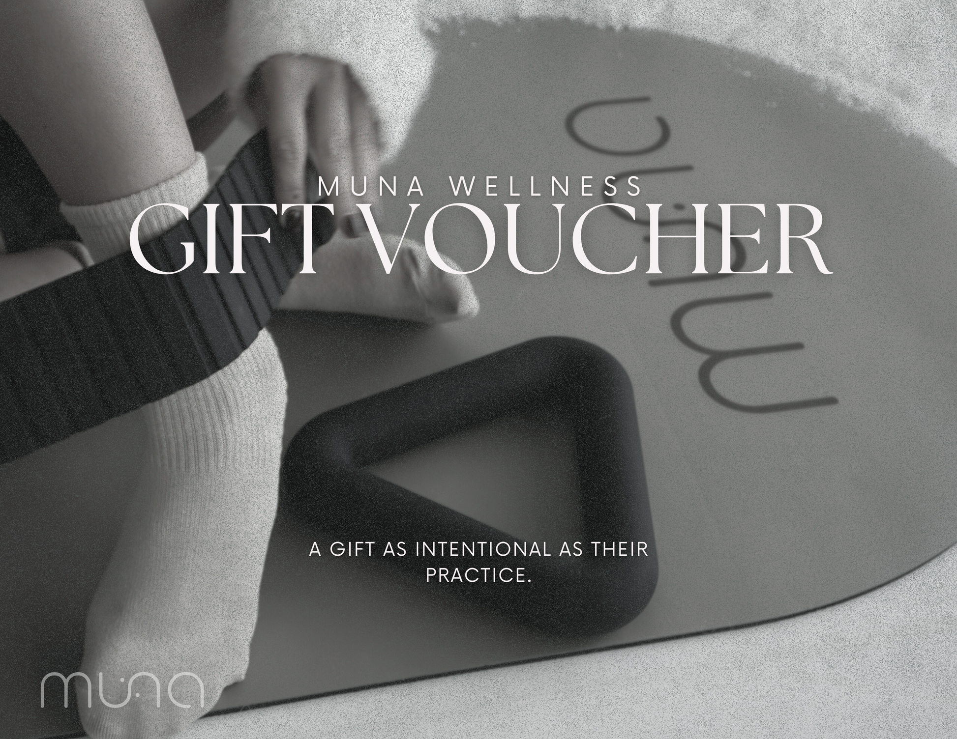 Muna Wellness gift voucher with a person on a yoga mat, featuring the Muna logo.